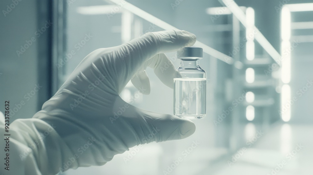 A gloved hand holds a small, clear vial in a sterile, futuristic laboratory environment, exuding precision and cleanliness. A gloved hand holds a small, clear vial in a sterile, futuristic laboratory environment, exuding precision and cleanliness.