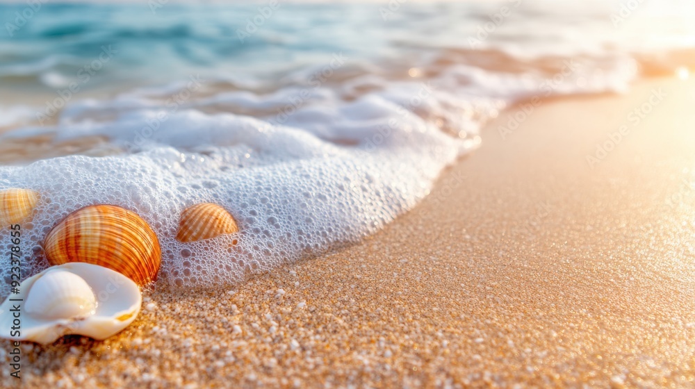A picturesque close-up of various seashells lying on the golden sandy beach as gentle waves brush against them, capturing the beauty of seaside life. A picturesque close-up of various seashells lying on the golden sandy beach as gentle waves brush against them, capturing the beauty of seaside life.