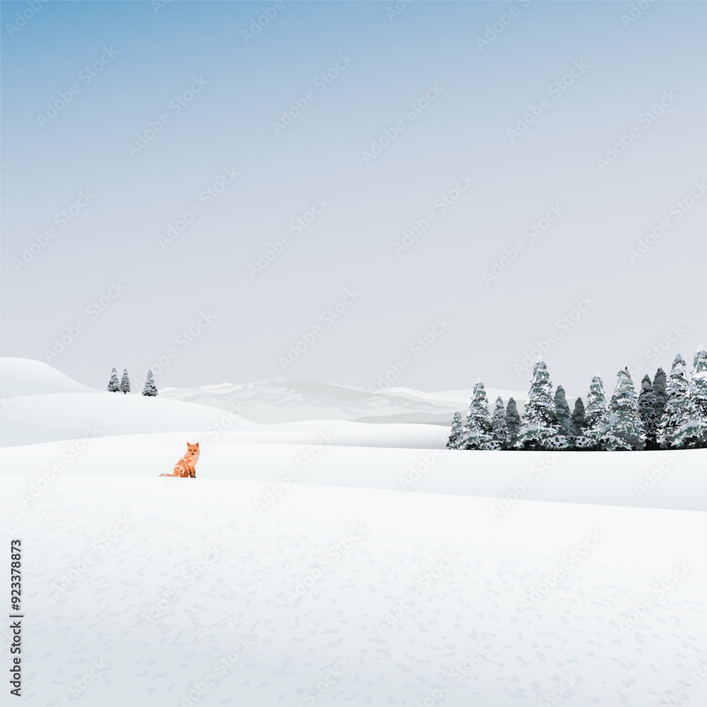 Minimalist snow landscape with lonely fox and pine forest graphic illustration. Merry Christmas and Happy New Year greeting card square template have blank space.