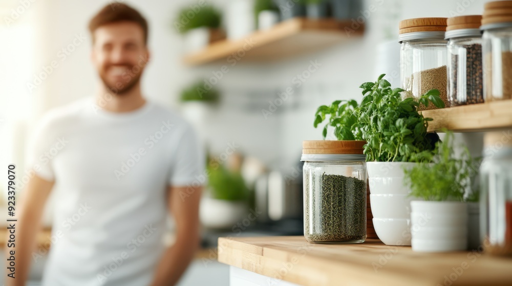 A smiling gentleman stands in a bright kitchen, with various herbs and spices neatly displayed in glass jars, accompanied by fresh green plants adding a touch of nature. A smiling gentleman stands in a bright kitchen, with various herbs and spices neatly displayed in glass jars, accompanied by fresh green plants adding a touch of nature.