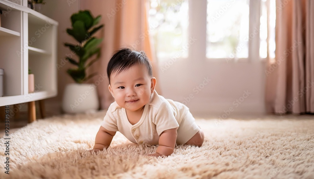 Beautiful Japanese baby crawling on a peach fuzz rug. Cheerful Asian infant. Beautiful Japanese baby crawling on a peach fuzz rug. Cheerful Asian infant.