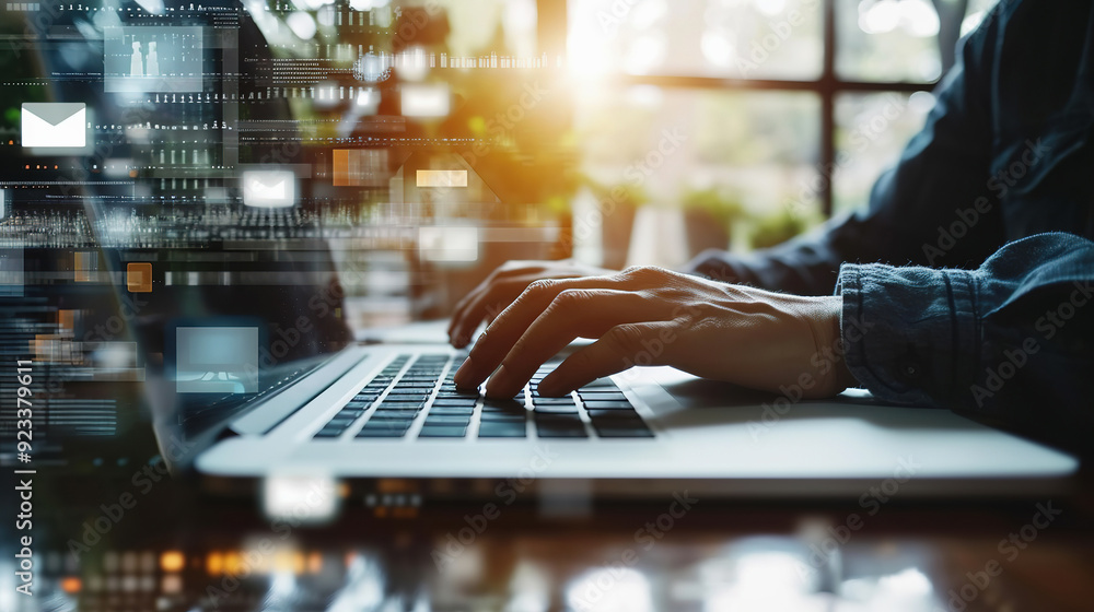 Fototapeta premium Man using laptop in modern workspace with digital overlay
