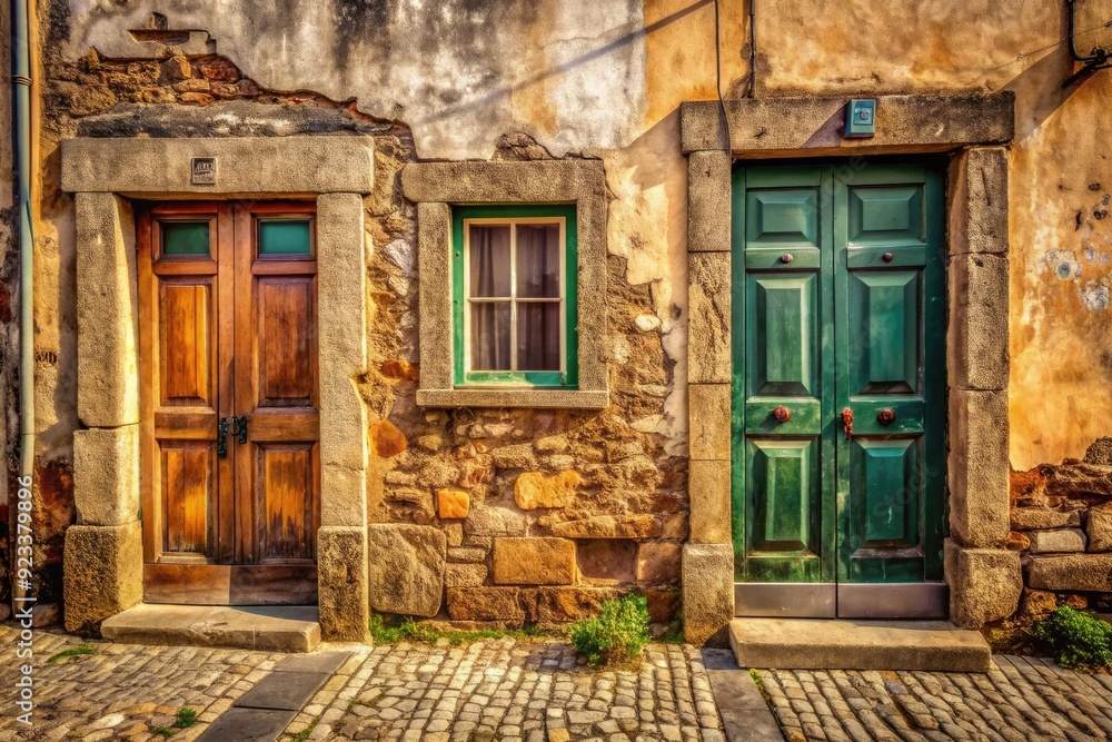 Rustic Portuguese doors, worn solid stone walls, and sun-kissed pavement, evoking a sense of history, texture, and weathered charm, with high contrast, gritty tone Rustic Portuguese doors, worn solid stone walls, and sun-kissed pavement, evoking a sense of history, texture, and weathered charm, with high contrast, gritty tone