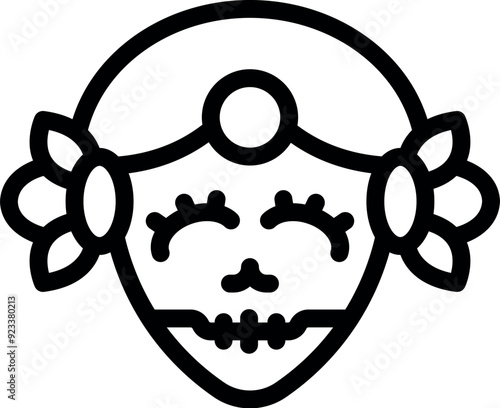 Line art illustration of a catrina skull with flowers in her hair, celebrating the day of the dead