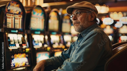 An older man sits thoughtfully by a row of colorful slot machines in a cozy, warmly lit casino, evoking feelings of nostalgia and hope.