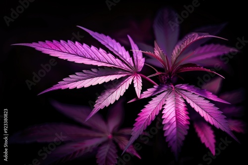 Cannabis Pink: Large Leaf of Cannabis Plant with Purple Pink Tint on Black Background