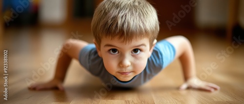 A Young Boy Doing a Push-Up on a Wooden Floor photo