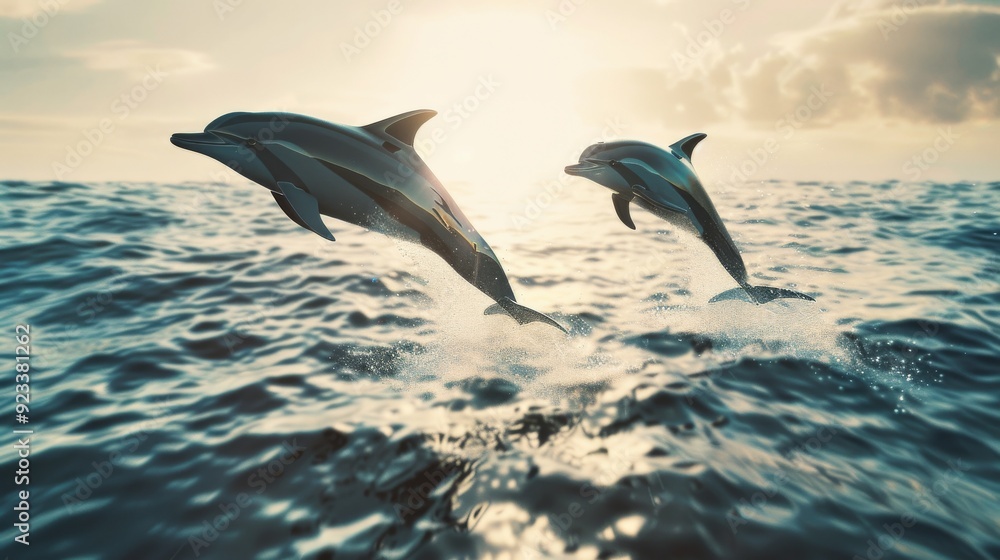 Two dolphins gracefully leap out of the ocean at sunset, creating a mesmerizing and joyful scene against the backdrop of a beautiful, calm sea. Two dolphins gracefully leap out of the ocean at sunset, creating a mesmerizing and joyful scene against the backdrop of a beautiful, calm sea.