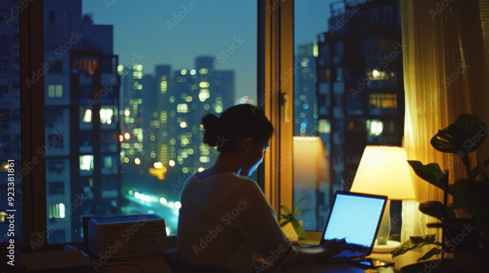 A woman working at her computer in a dimly lit room with a cityscape outside the window, focusing on her work amidst the evening glow. A woman working at her computer in a dimly lit room with a cityscape outside the window, focusing on her work amidst the evening glow.