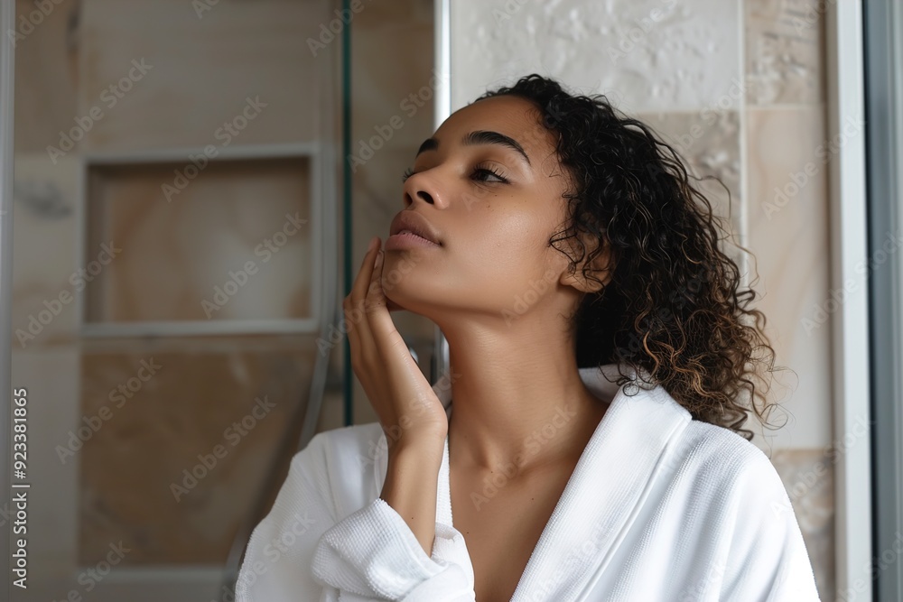 A Young African American woman in a white robe examines A Young African American woman in a white robe examines