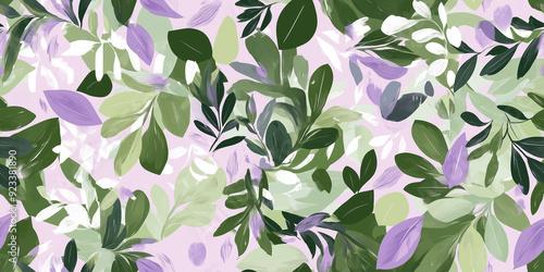 Lush, stylized foliage, flowing forms, and delicate florals in a serene palette of moss green and lilac, seamless pattern