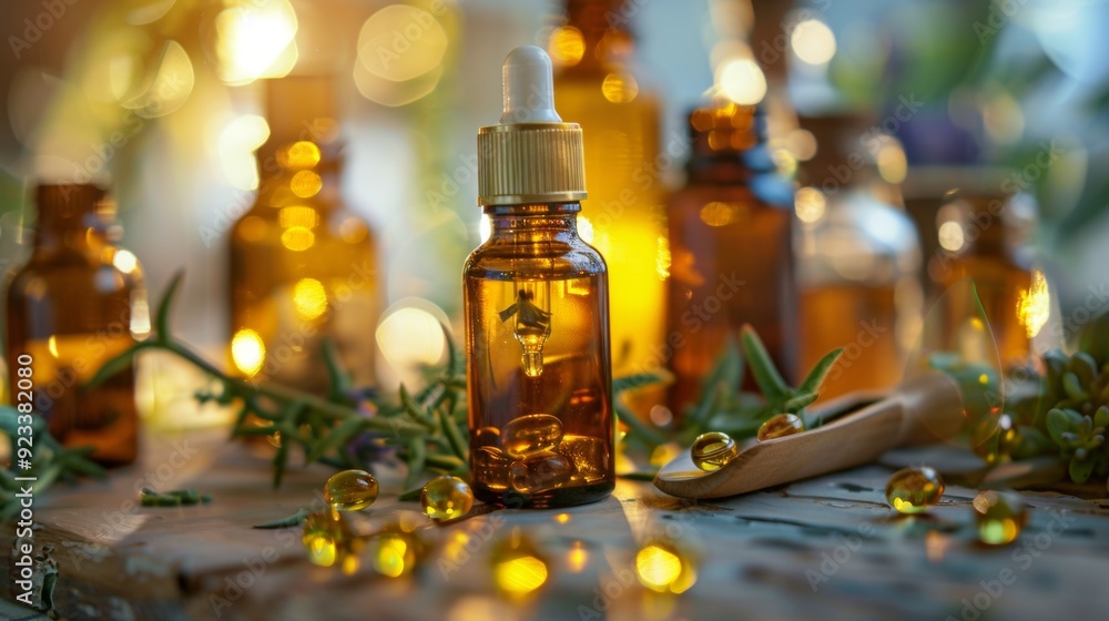 Essential oils in amber bottles with herbs on a wooden table Essential oils in amber bottles with herbs on a wooden table