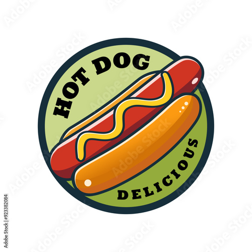 Delicious hotdog logo in circle with white background