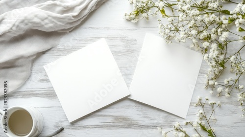 Blank Cards on Rustic Wooden Tabletop with Flowers