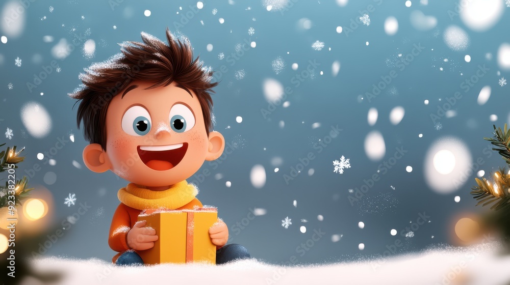 A child is sitting in a snowy winter scene, holding a yellow gift box surrounded by falling snowflakes and festive decorations, capturing the essence of joy and winter wonder. A child is sitting in a snowy winter scene, holding a yellow gift box surrounded by falling snowflakes and festive decorations, capturing the essence of joy and winter wonder.