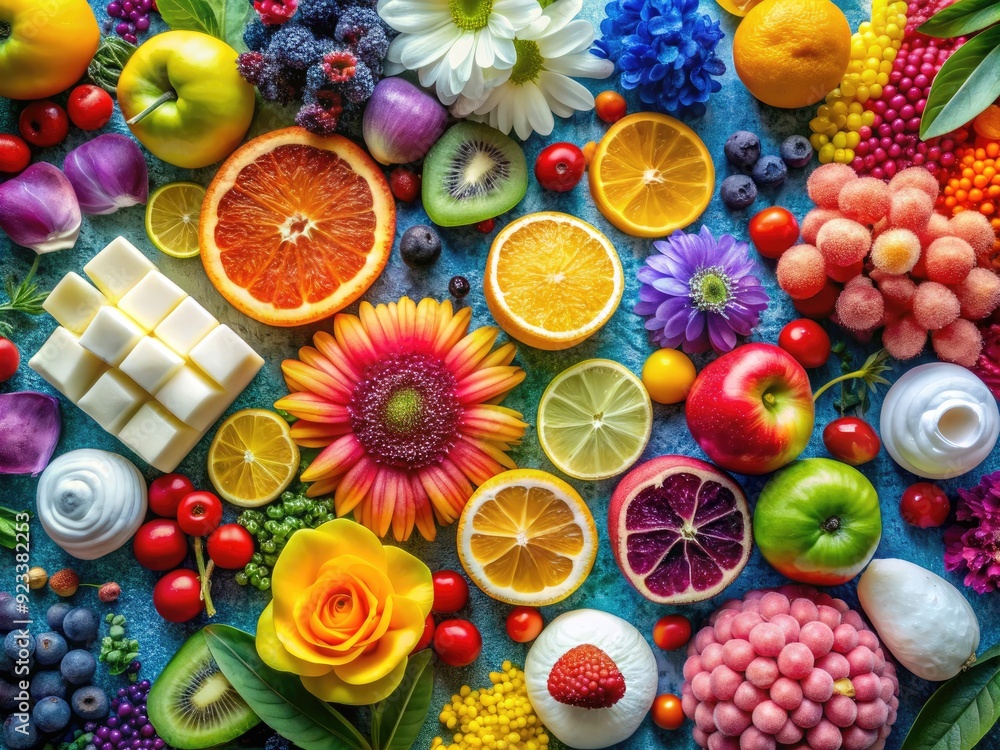 Fototapeta premium vibrant colorful flat lay white organic sugar rainbow fruits flowers natural textures bold composition playful creative energy