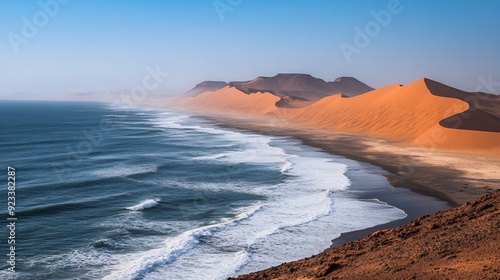 view of sand dunes from the namib desert along the coastline facing the atlantic ocean namibia photo