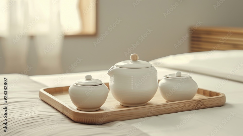 A simple, elegant tea set rests on a wooden tray atop a neatly made bed, highlighting a cozy and inviting atmosphere perfect for relaxation. A simple, elegant tea set rests on a wooden tray atop a neatly made bed, highlighting a cozy and inviting atmosphere perfect for relaxation.