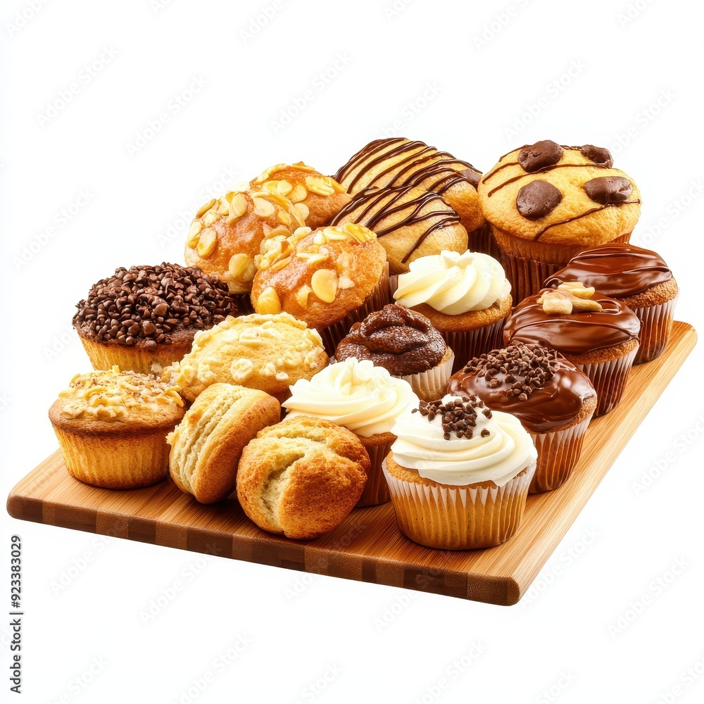 Assorted muffins and cupcakes displayed on a wooden serving tray at a bakery Assorted muffins and cupcakes displayed on a wooden serving tray at a bakery