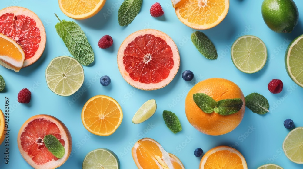 Assorted citrus fruits and berries on a vibrant blue background Assorted citrus fruits and berries on a vibrant blue background