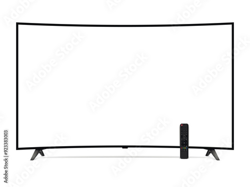 Realistic curved tv screen with remote control. Smart tv mockup.