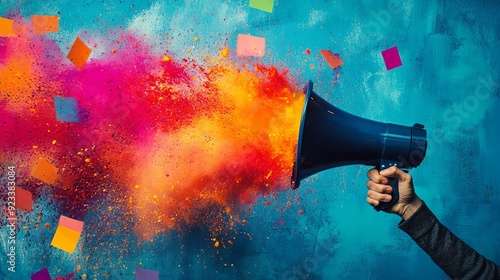Hand holding a megaphone with a burst of vibrant sales tags, Marketing Megaphone, sales announcement