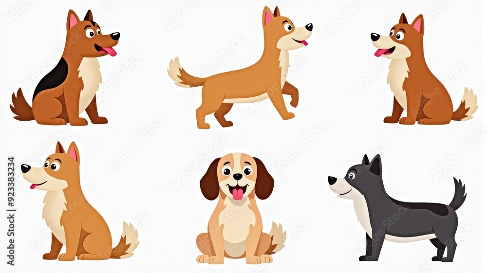 Cute Cartoon Dogs in Various Poses - Illustration for Children's Books, Design, and Print Cute Cartoon Dogs in Various Poses - Illustration for Children's Books, Design, and Print