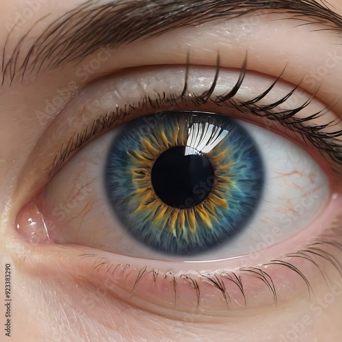 close-up of a human eye with a vibrant blue iris. The iris has flecks of gold and green, and the pupil is dilated. The sclera is white, and the eyelashes are dark and thick. photo