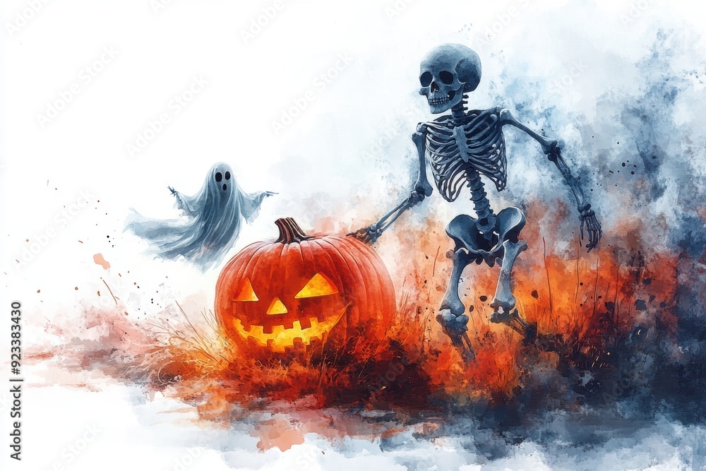 Naklejka premium Skeleton Dancing with Pumpkin and Ghost
