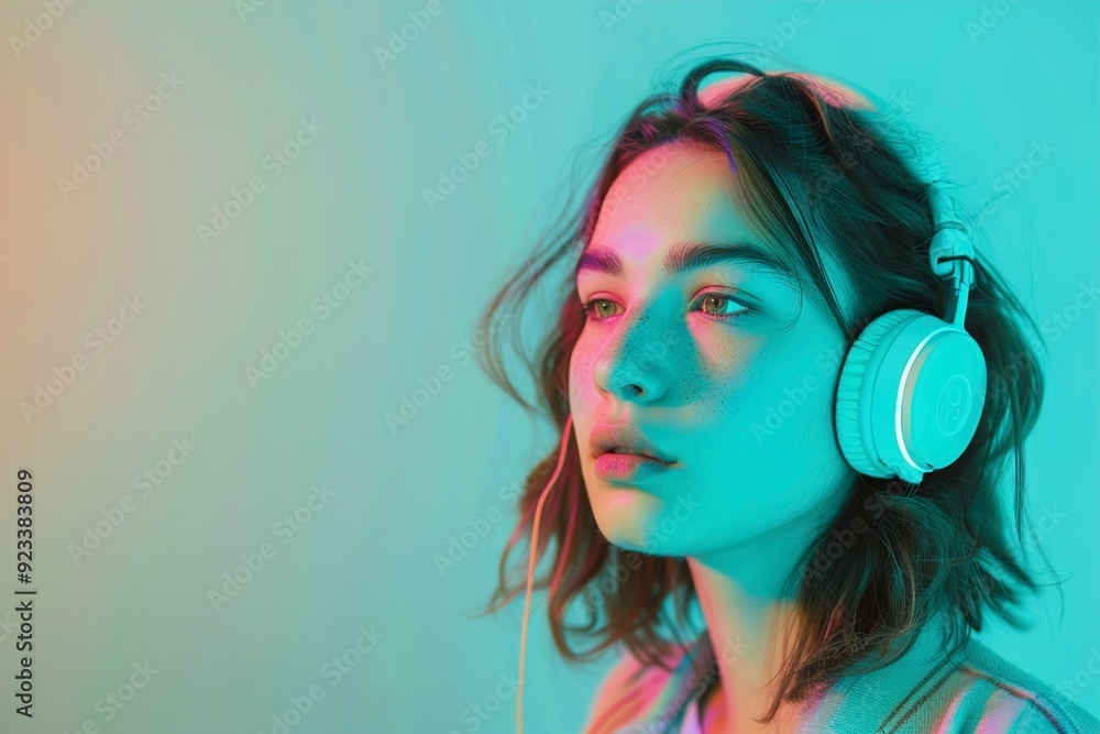 A Young woman with headphones on turquoise background A Young woman with headphones on turquoise background