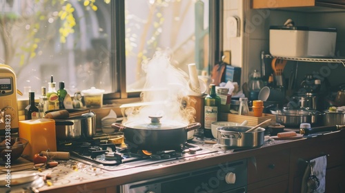 A bustling kitchen filled with steam, ingredients, and a hint of sunlight pouring through the window, capturing the lively essence of home cooking.