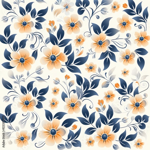 Vintage Asian inspired floral pattern with blue and orange blossoms on a cream background