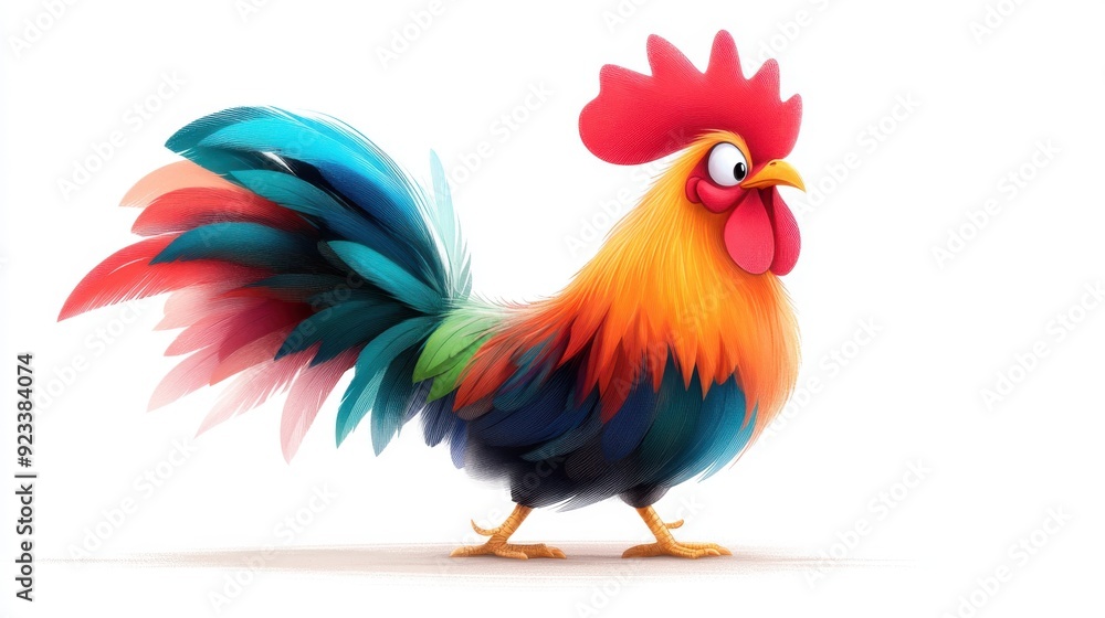 Fototapeta premium A strikingly colorful rooster with a flowing, multi-hued plumage stands against a white background, highlighting its dynamic and vibrant feathers.
