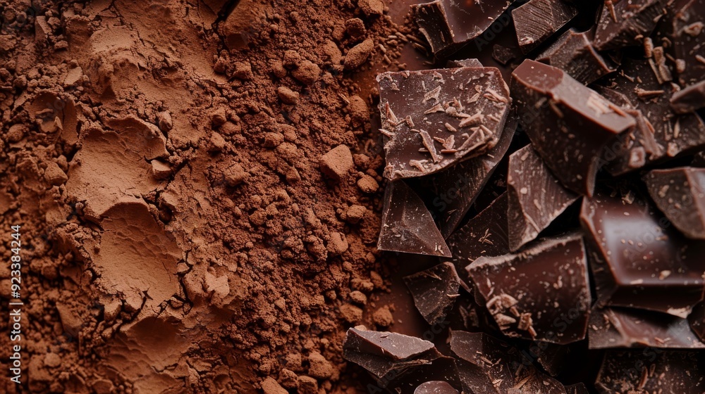 Rich cocoa powder contrasts with dark chocolate chunks, capturing the essence of indulgence and the fine art of chocolate making. Rich cocoa powder contrasts with dark chocolate chunks, capturing the essence of indulgence and the fine art of chocolate making.