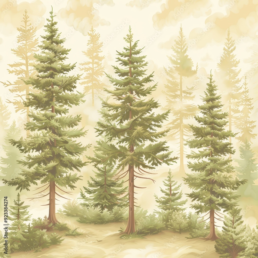 Obraz premium Vintage coniferous forest pattern with tall trees and soft lighting in a peaceful setting