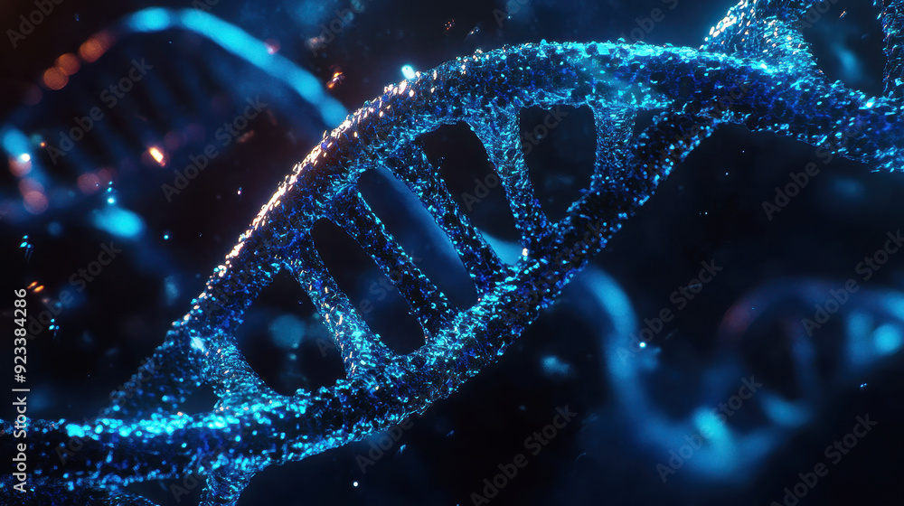 Abstract blue DNA double helix on a dark background with light rays and bokeh lights. Science and pharma concept Abstract blue DNA double helix on a dark background with light rays and bokeh lights. Science and pharma concept