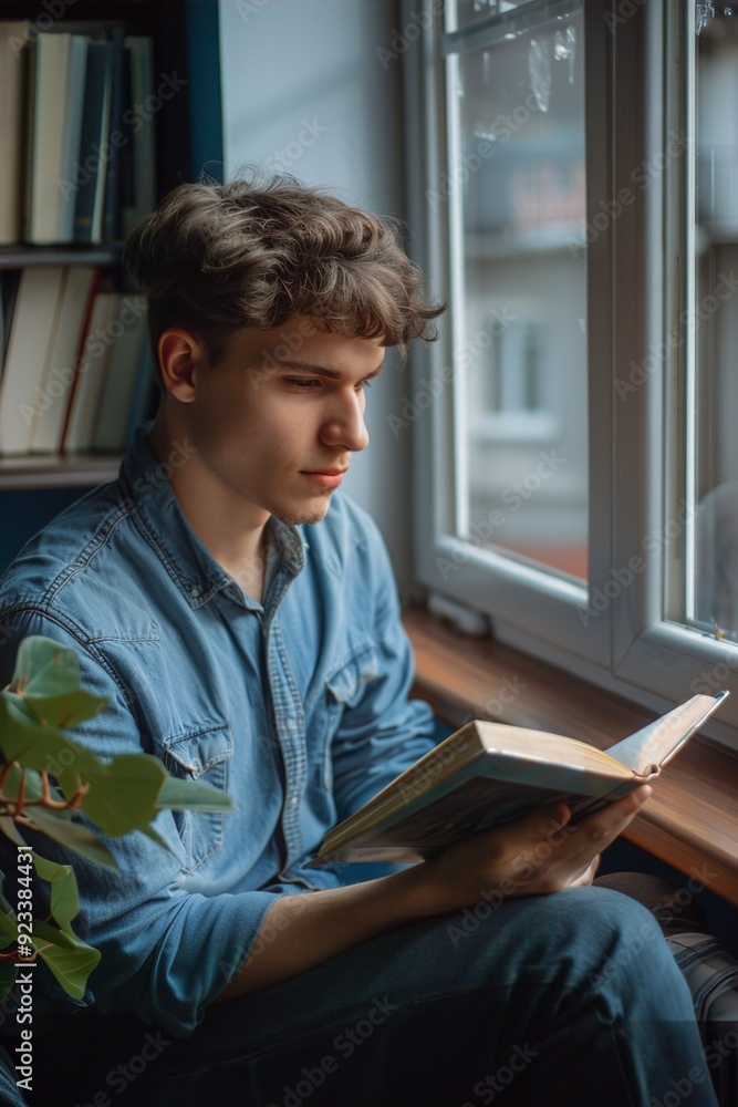 A young man reading a book a guy in a blue shirt A young man reading a book a guy in a blue shirt