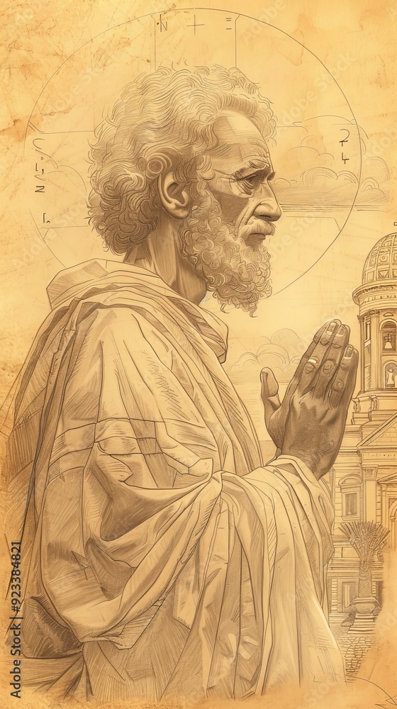 Fototapeta premium Illustration of Prayer of St. Alexander of Alexandria in 4th-Century Egyptian Church, Biblical Illustration, Beige Background, Copyspace