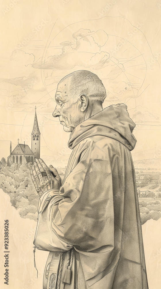 Fototapeta premium Illustration of Prayer of St. Wolfgang of Regensburg in 10th-Century German Church, Biblical Illustration, Beige Background, Copyspace