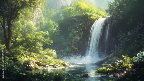 A tranquil waterfall cascades in a verdant forest, illuminated by gentle sunlight. Perfect for themes of nature, peace, and tranquility.