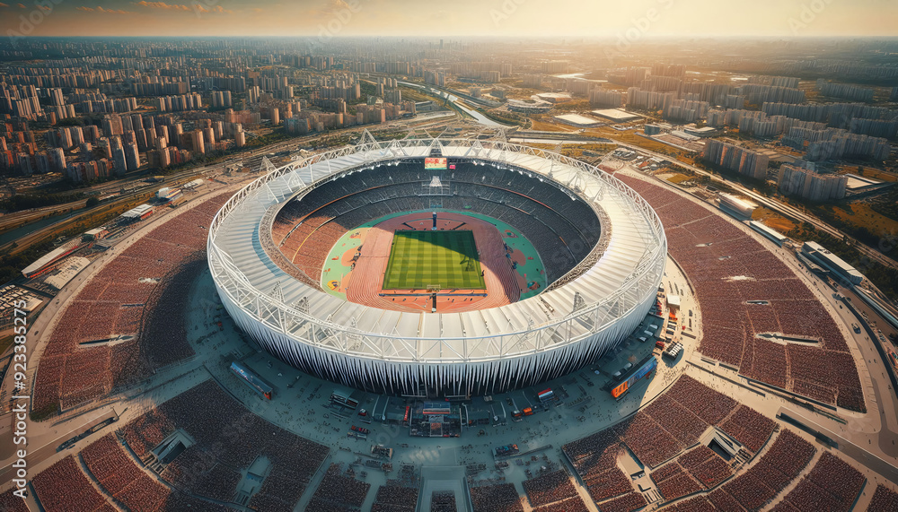 Aerial view of a large Olympic stadium during an event, filled with thousands of fans. The design of the stadium is modern and expansive, with a clear view of the playing field. Aerial view of a large Olympic stadium during an event, filled with thousands of fans. The design of the stadium is modern and expansive, with a clear view of the playing field.