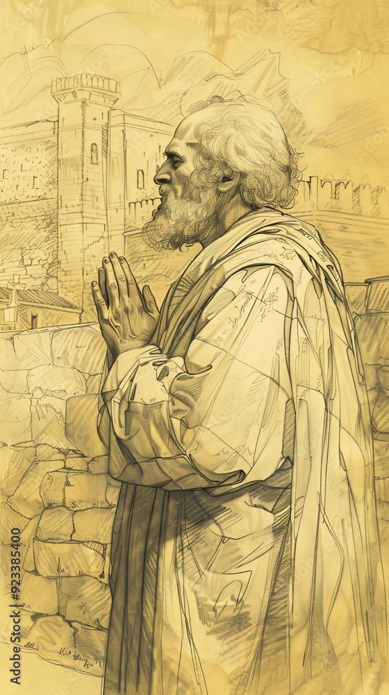 Fototapeta premium Illustration of Prayer of St. Dositheus of Gaza in 6th-Century Monastery, Biblical Illustration, Beige Background, Copyspace