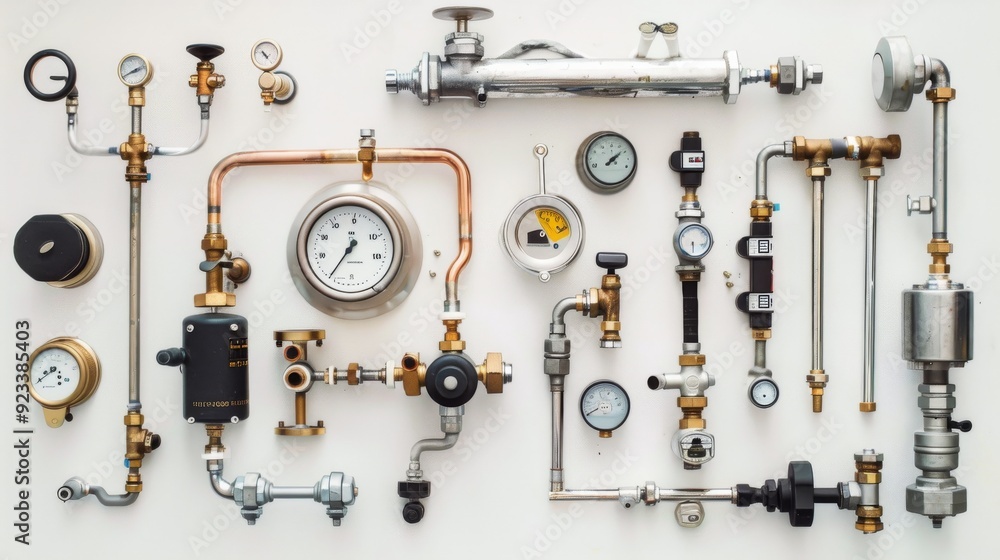 An intricate arrangement of various industrial gauges, pipes, and mechanical components displayed on a white background, showcasing precision engineering. An intricate arrangement of various industrial gauges, pipes, and mechanical components displayed on a white background, showcasing precision engineering.