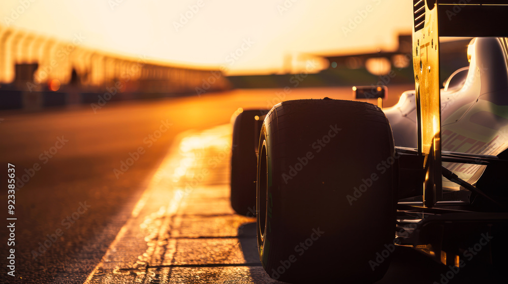 Naklejka premium Formula 1 Racing car on track at sunset close up, back view. Racing car on track during F1 gran prix or qualification. Formula 1 gran prix, world championship, qualification broadcasting