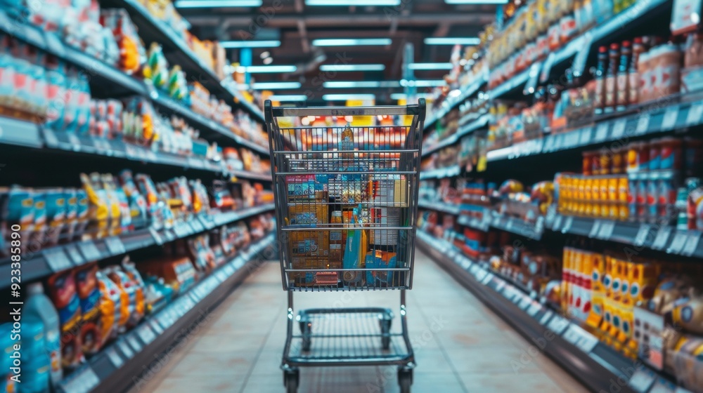 Shopping cart in a grocery store aisle with colorful products Shopping cart in a grocery store aisle with colorful products