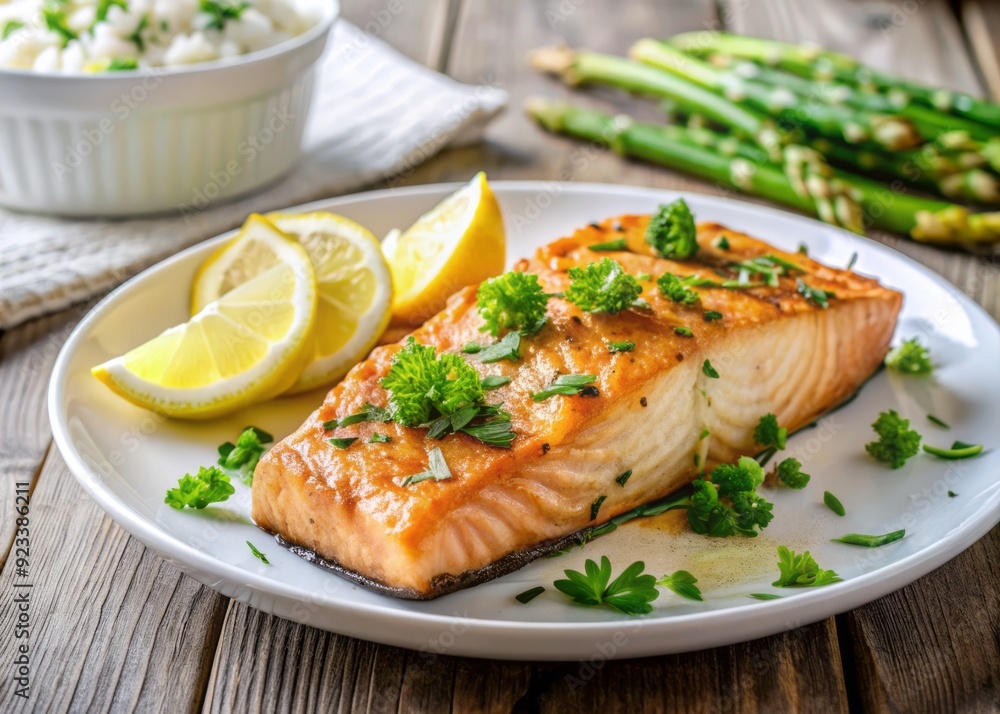 Freshly grilled sake salmon fillet, garnished with lemon slice and parsley, served on a white plate with a side of steamed asparagus and rice. Freshly grilled sake salmon fillet, garnished with lemon slice and parsley, served on a white plate with a side of steamed asparagus and rice.