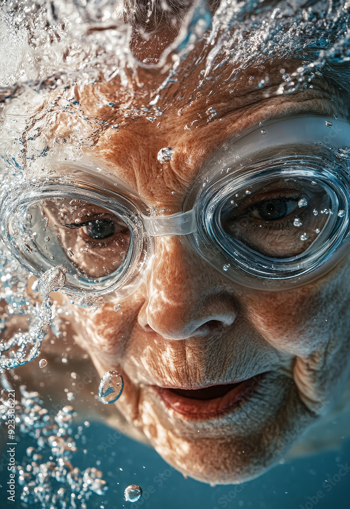 Close-up of an elderly woman swimming in a pool under water, wearing goggles and smiling, with splashes around her face. Swimming competition old athlete concept Close-up of an elderly woman swimming in a pool under water, wearing goggles and smiling, with splashes around her face. Swimming competition old athlete concept