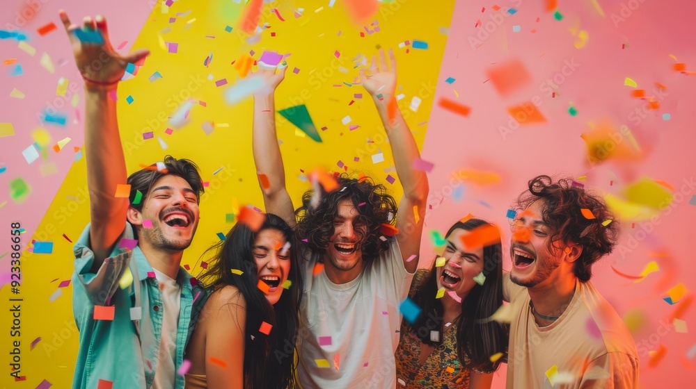 Obraz premium A group of friends celebrates with colorful confetti in the air, capturing a moment of pure joy, togetherness, and festive fun.