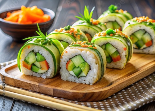 Colorful vegetarian sushi rolls with cucumber, avocado, and pickled carrots, garnished with sesame seeds and fresh green onions, served on a modern wooden plate. photo