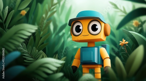 A vibrant yellow robot wearing a blue cap stands cheerfully amid dense jungle foliage, evoking a sense of adventure and discovery, while its expressive eyes charm viewers. photo